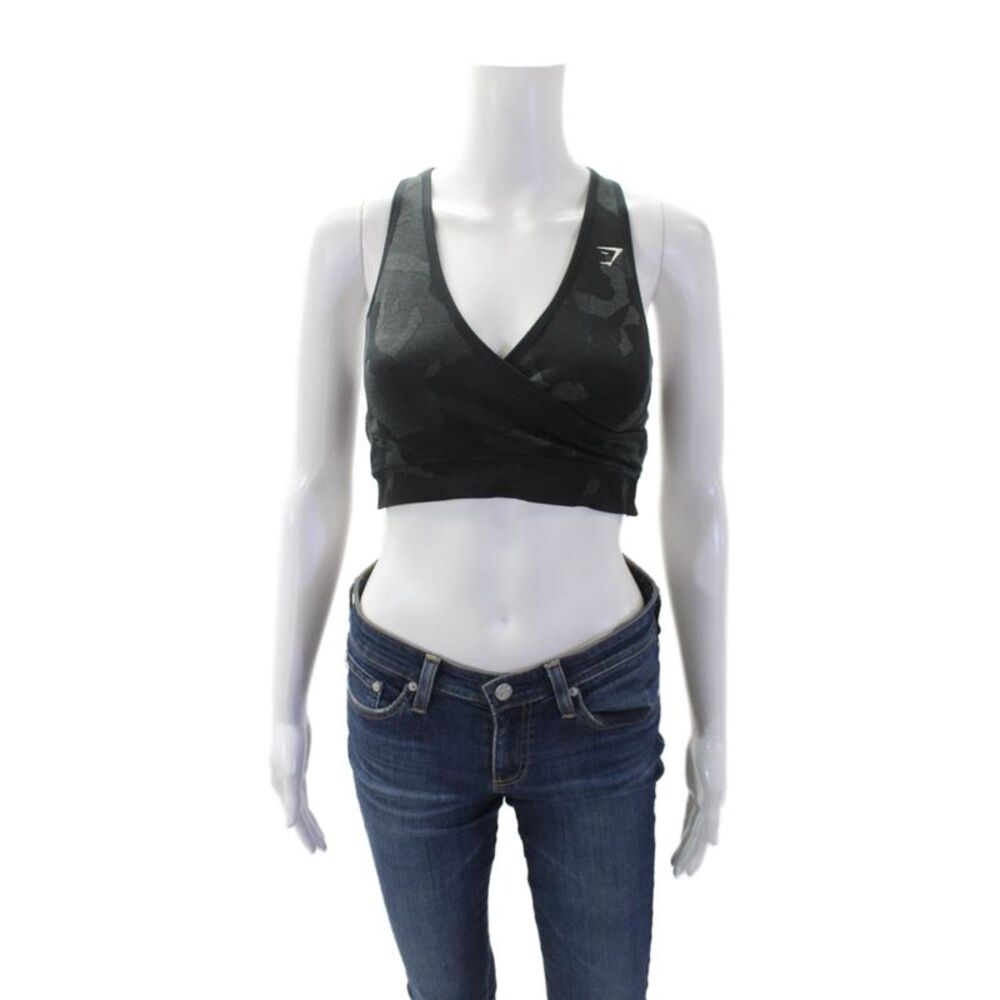 GYMSHARK Womens Camouflage Print Criss Cross Sports Bra Black Green Size M